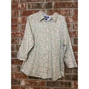 Chaps Plus Size Floral 3/4 Sleeve Button Up Shirt "No Iron" Cotton Pastel Spring